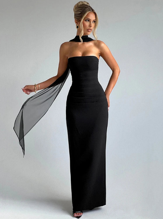 Strapless Scarf Collar Maxi Dress