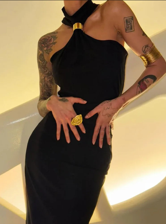 Turtleneck Off-Shoulder Knit Maxi Dress