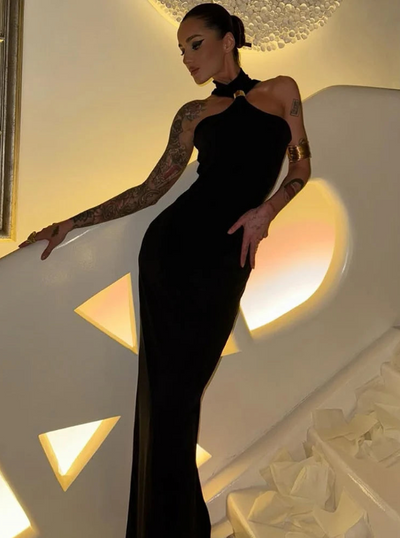Turtleneck Off-Shoulder Knit Maxi Dress