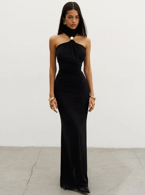 Turtleneck Off-Shoulder Knit Maxi Dress