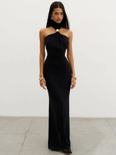 Turtleneck Off-Shoulder Knit Maxi Dress