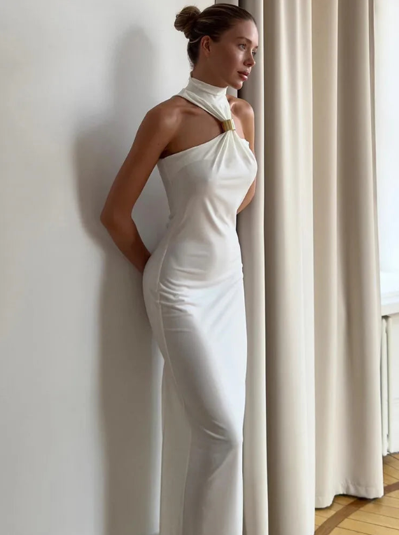 Turtleneck Off-Shoulder Knit Maxi Dress